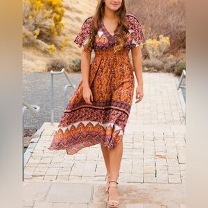 ANGIE Bohemian Maxi Dress with Dolman Sleeves and Smocked Waist. Size Small.